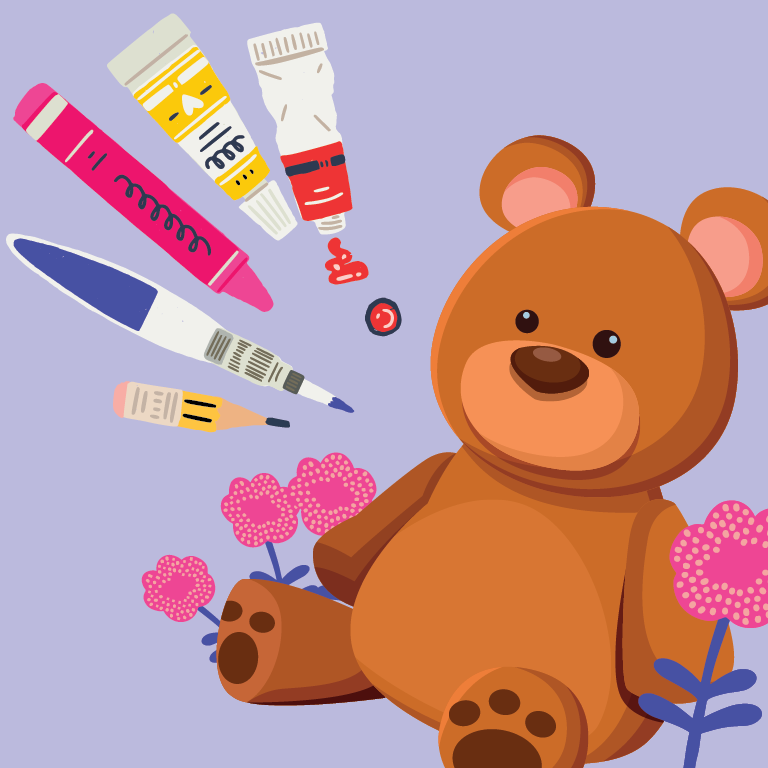 a brown teddy bear sits in the bottom right-hand corner of the image. There are assorted art supplies are in the top left-hand corner. The image has a light purple background.