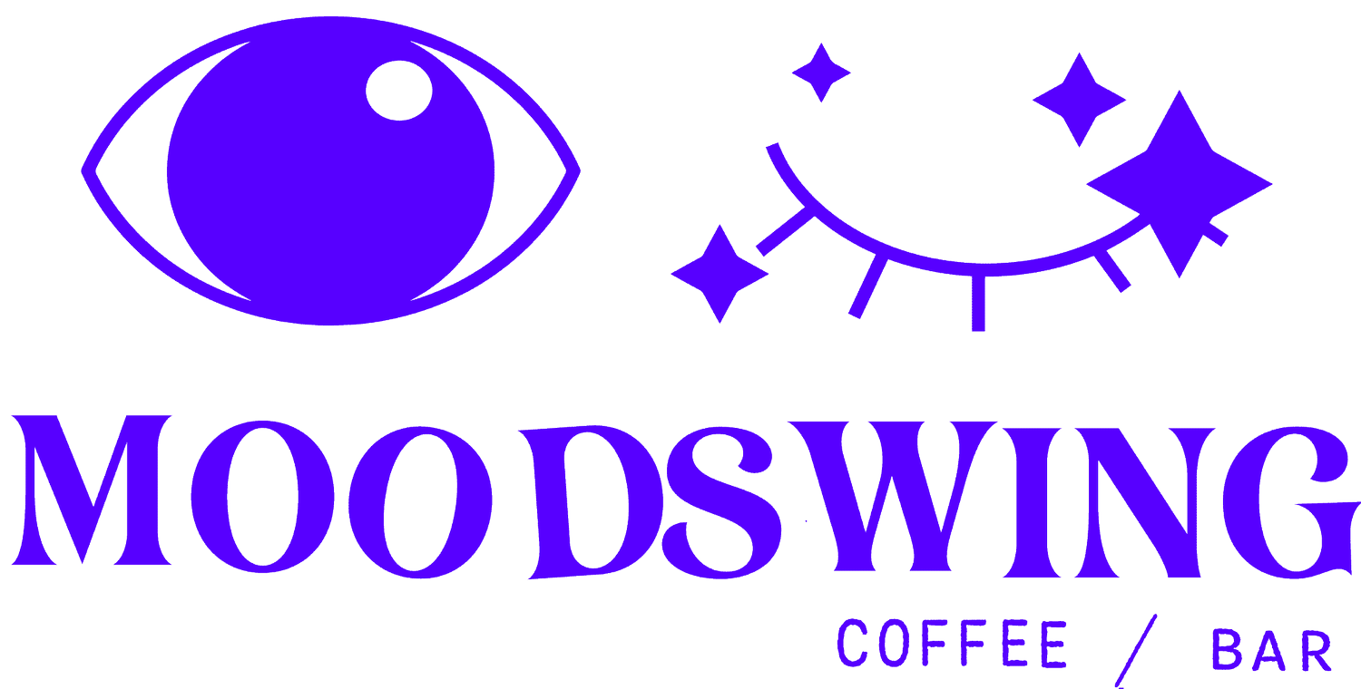 on a white background, one purple wide-open eye, and one closed one. The text reads Moodswing Coffee/Bar