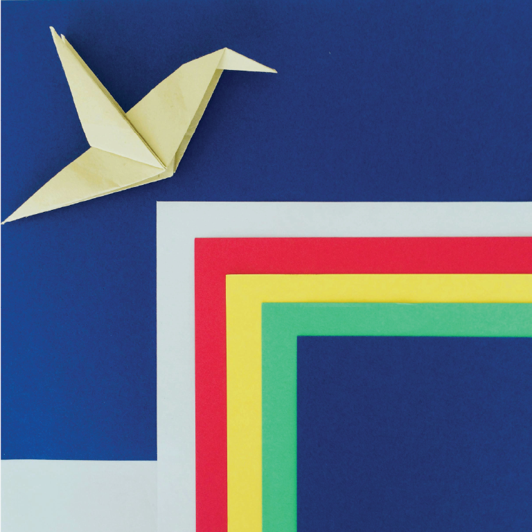 an origami crane sits in the top left-hand corner over four striped lines on a dark blue background