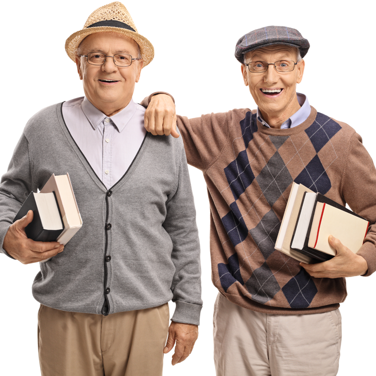 Two older white men with books under their arms and jaunty hats look expectantly toward the camera.