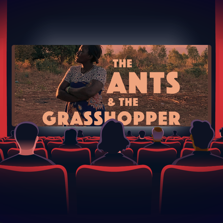 An illustration of people in movie theatre seats with the film image on the screen in front of them - an African woman in colourful traditional dress, stands on the land, in the background shadowy images of the White House, industrialized agriculture and smokestacks, and the title of the film, The Ants and the Grasshopper