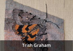 On a grey and beige background, a grey and orange moth embroidered in tapestry is displayed.